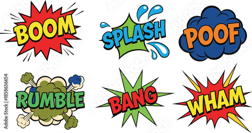 Colorful comic sound effect words boom splash poof rumble bang wham pop art cartoon explosion sticker illustration set