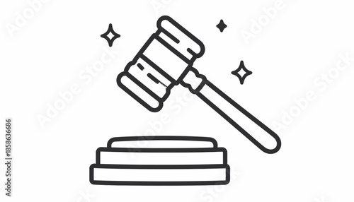 Clean outline icon of a judge's gavel on its sounding block, a symbolic representation of legal authority, justice, official judgment, and auction decisions