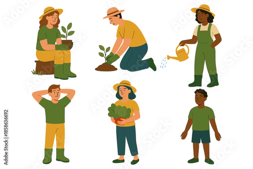Diverse people gardening in various outdoor activities with plants and tools
