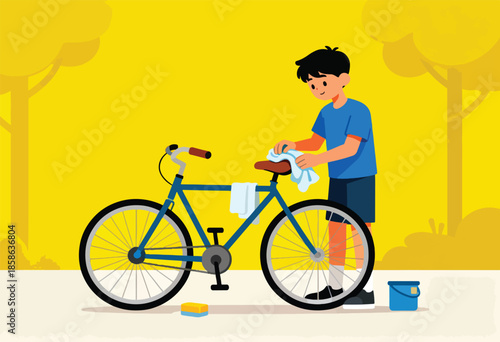 Young boy cleaning his blue bicycle with a white cloth outdoors