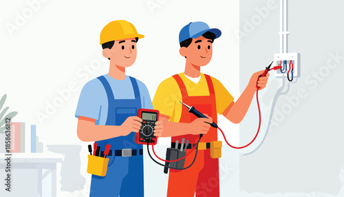 Two electricians working on a wall outlet with tools