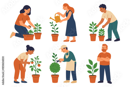 People engaging in gardening activities with potted plants