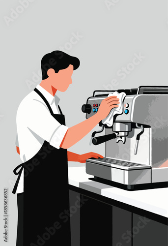 A person in an apron cleans an espresso machine