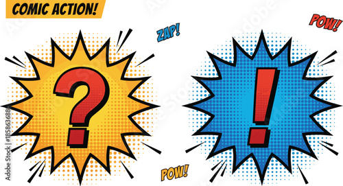 Comic action pop art illustration with question mark and exclamation mark symbols explosive speech bubbles vibrant retro style design