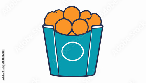 A stylized illustration of a container filled with small, round, orange food items, likely snacks or appetizers