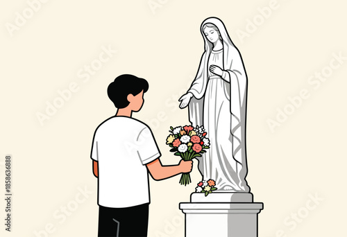 Man offers flowers to a statue of a woman with draped robes