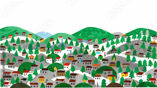 A charming illustration of a village nestled among rolling green hills