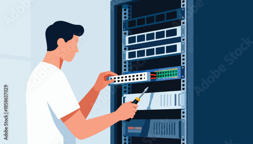 Person installing network hardware in a server rack with a screwdriver