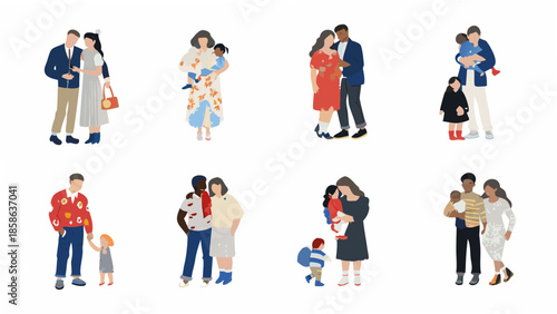 Diverse families embracing and holding children a collection of stylized illustrations