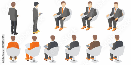 Isometric illustration of men in suits varying poses and clothing colors