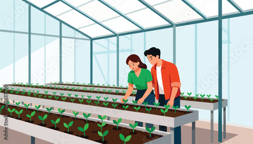 Couple tending rows of young plants inside a modern greenhouse structure