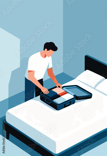 A man is packing clothes into a suitcase on a bed