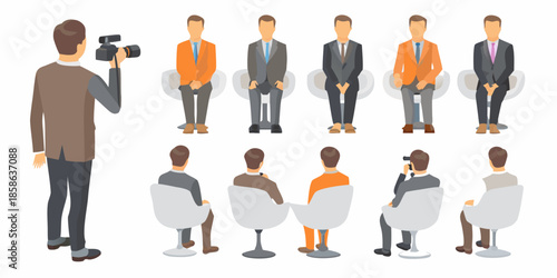 Photographer taking portraits of a line of formally dressed individuals