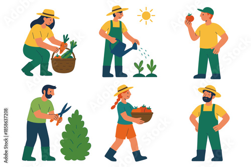 Farmers engaged in farming activities with fresh produce and gardening tools
