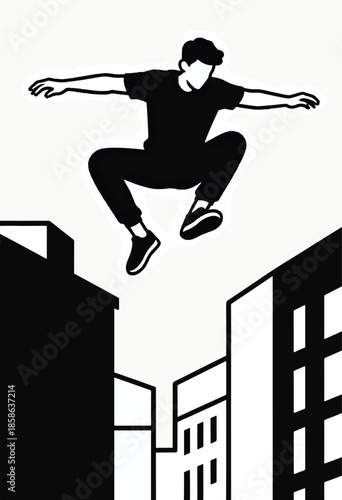 Silhouette of a person leaping between stylized, graphic buildings