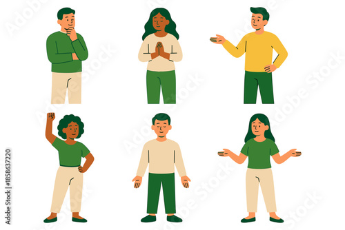 Diverse people in casual clothing expressing different gestures and emotions in flat design