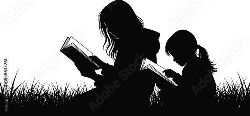 Silhouette of mother and daughter sitting in grass reading books together, peaceful outdoor family learning, education concept, mother child bonding vector illustration