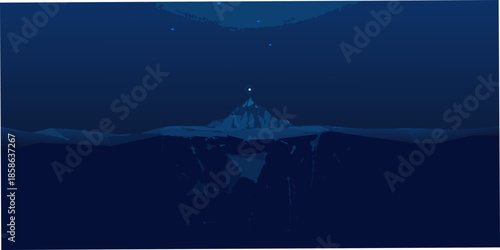 A serene underwater scene featuring an iceberg and distant starlight