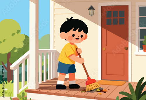 Cheerful child sweeps leaves from porch, enjoying a sunny day