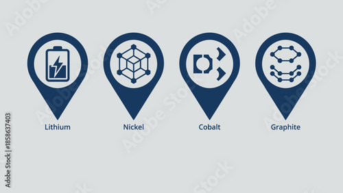 Battery Material Icons: Lithium, Nickel, Cobalt, and Graphite for Energy Storage Solutions, Illustration of Key Components in Advanced Battery Technology