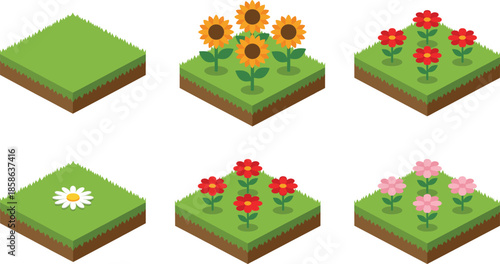 Isometric garden tiles set with grass soil and colorful flowers for game assets nature farming illustration design