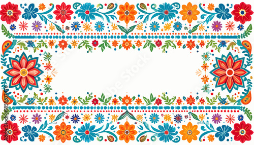 Vibrant Floral Mexican Border Illustration with Festive Folk Art Design