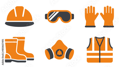 Safety equipment icons for mining and construction, including hard hat, goggles, gloves, boots, respirator, and safety vest, Construction personal protective equipment illustrations,