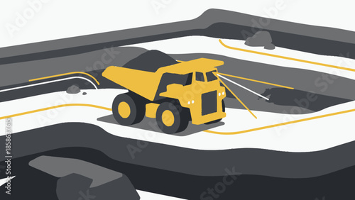 Mining dump truck in an open-pit mine illuminated by headlights and yellow lines, abstract illustration style, industrial excavation scene
