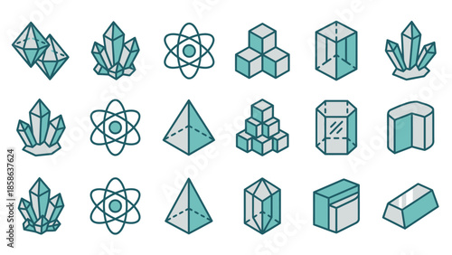 Collection of stylized crystal and geometric icons with a teal and grey color scheme, representing minerals and scientific concepts, geometric shapes and crystals icon set