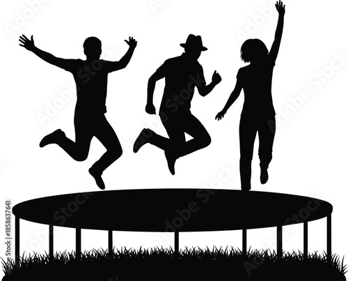 Silhouette of three happy friends jumping on a backyard trampoline during summer, active lifestyle, outdoor recreation, fun group activity, family fitness on grass