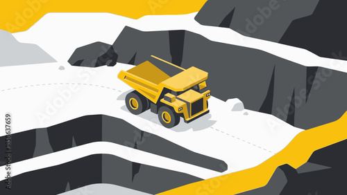 Isometric yellow mining truck in a quarry, stylized illustration with geometric shapes and a white, grey, and yellow color palette, mining industry concept