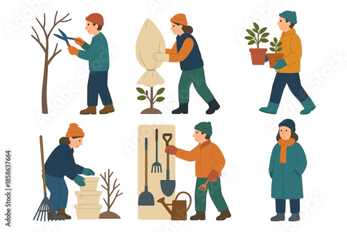 Winter gardening activities with people pruning trees and planting in cold weather