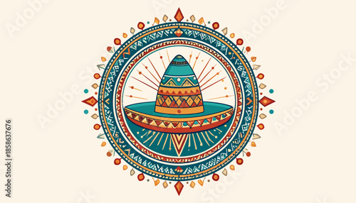 Vibrant traditional Mexican sombrero illustration, adorned with intricate patterns, set within a beautiful ornate circular frame, evoking festive cultural celebrations and heritage