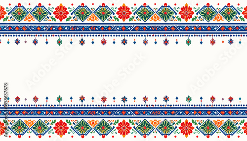 Beautiful ornate traditional folk pattern with vibrant geometric shapes, forming an elegant and colorful decorative border, perfect for cultural design elements and textile backdrops