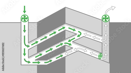 Ventilation system in a mine shaft with airflow indicators, Subterranean airflow diagram showing intake and exhaust fans