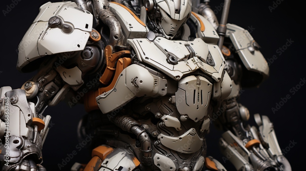 Fototapeta premium A detailed white and gray armored mecha suit with orange highlights and intricate mechanical components
