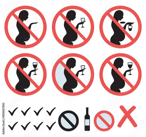 Pregnant woman alcohol prohibition icons set with no drinking wine warning