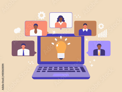 Virtual meeting with bright ideas laptop people and collaboration concepts