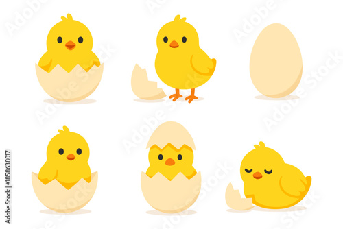 Cute cartoon chicks and eggs in various poses on a white background