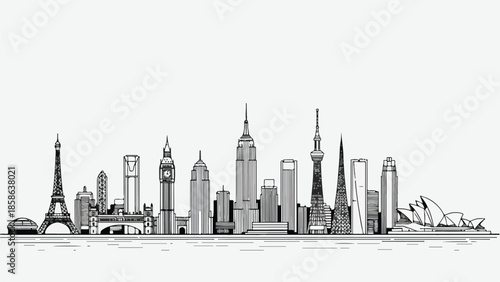 Linear collection of global world landmarks and famous city silhouettes sketch