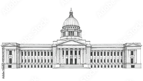 Symmetrical facade sketch of a classical government building with columns and dome