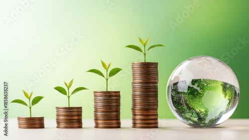 Coins stacked with green sprouts and glass globe on white surface 2026 background download plants money