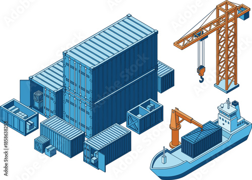 Isometric shipping containers cargo cranes and freight ship illustration representing global logistics maritime transport and industrial supply chain operations