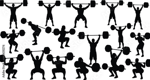Weightlifting and bodybuilding silhouettes set featuring men and women performing barbell squats, deadlifts, overhead presses, and powerlifting exercises for fitness training and gym.
