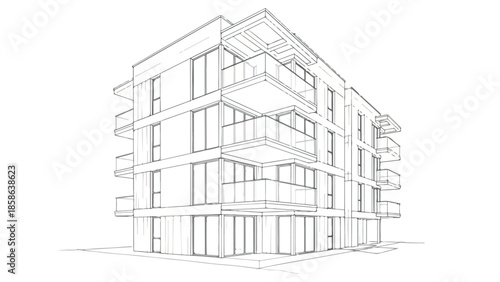 Perspective drawing of a modern minimalist apartment building with balconies