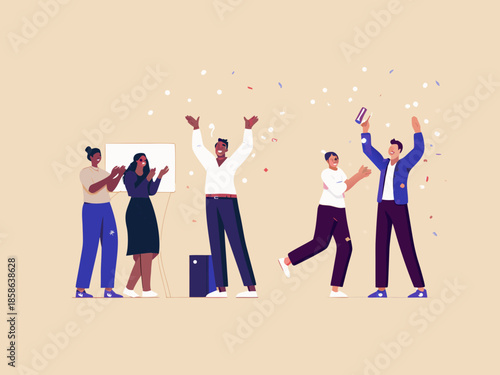 Celebrating success a diverse team rejoices with confetti and raised arms