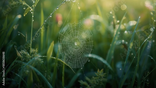 Dew droplets on a spider web amid grass blades, highlighting water and light reflections in a summer setting