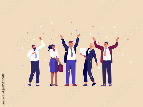 Celebratory team of diverse professionals rejoicing with confetti in the air