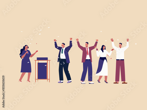 Celebrating success group of diverse professionals rejoicing with arms raised