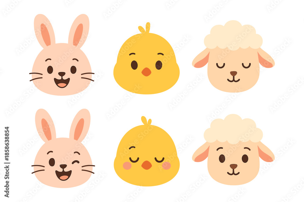 Obraz premium Cute animal faces collection: bunny, chick, and lamb in flat cartoon style